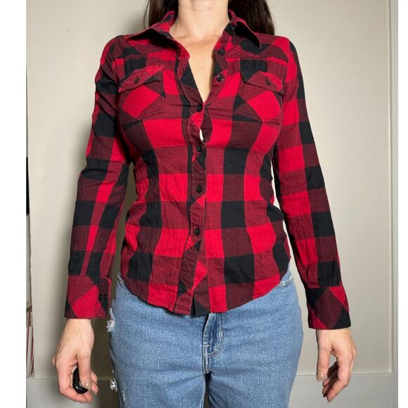 Thread and Supply Red Black Flannel Button Down Longsleeve Top Size Small - Picture 1 of 3